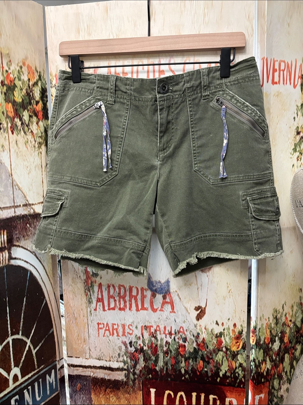 Free People Olive Green Frayed-Hem Cargo Shorts, Size 6